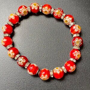 Flex Beaded Bracelet w/Flowers Red Murano Style Glass Beads & Crystal Spacers